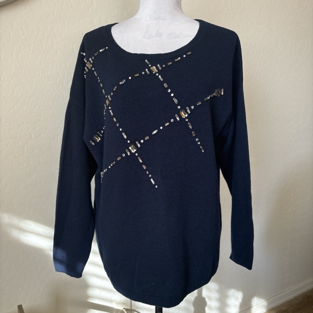 Lands' End Navy wool blend Sweater with Sequin Accents. 1X